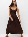 Pure Linen Scoop Neck Waisted Midaxi Dress