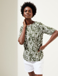 Pure Linen Printed Round Neck T-Shirt