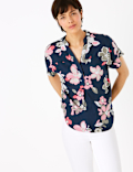Pure Linen Floral V-Neck Blouse