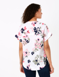 Pure Linen Floral V-Neck Blouse