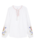 Linen Rich Embroidered Tie Neck Blouse