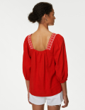 Linen Blend Embroidered Puff Sleeve Blouse