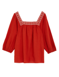 Linen Blend Embroidered Puff Sleeve Blouse