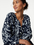 Linen Rich Printed V-Neck Blouse