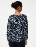 Linen Rich Printed V-Neck Blouse