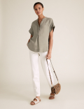 Pure Linen V-Neck Short Sleeve Blouse