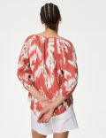 Linen Rich Printed Tie Neck Blouse