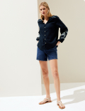 Linen Rich Embroidered V-Neck Blouse
