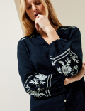 Linen Rich Embroidered V-Neck Blouse