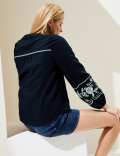 Linen Rich Embroidered V-Neck Blouse