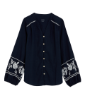 Linen Rich Embroidered V-Neck Blouse