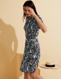 Jersey Monochrome Leaf Belted Beach Dress