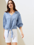 Pure Linen Tie Front 3/4 Sleeve Blouse