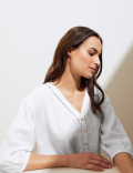 Pure Linen Tie Front 3/4 Sleeve Blouse