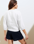 Pure Linen Tie Front 3/4 Sleeve Blouse