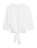 Pure Linen Tie Front 3/4 Sleeve Blouse