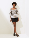 Pure Linen Animal Print 3/4 Sleeve Blouse