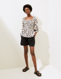 Pure Linen Animal Print 3/4 Sleeve Blouse