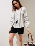 Pure Linen Embroidered Tie Neck Blouse
