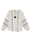 Pure Linen Embroidered Tie Neck Blouse