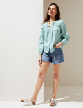 Pure Linen Tie Neck 3/4 Sleeve Blouse