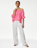 Linen Rich Bardot Puff Sleeve Blouse