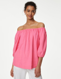 Linen Rich Bardot Puff Sleeve Blouse