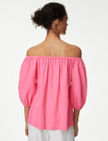 Linen Rich Bardot Puff Sleeve Blouse
