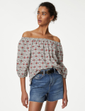Linen Rich Printed Bardot Blouse