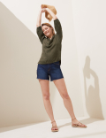 Pure Linen Collarless 3/4 Sleeve Blouse