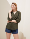 Pure Linen Collarless 3/4 Sleeve Blouse