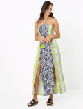 Snake & Leaf Print Shirred Maxi Beach Dress