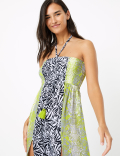 Snake & Leaf Print Shirred Maxi Beach Dress