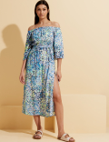 Printed Bardot Midi Beach Dress