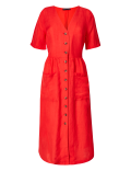 Linen Blend Button Front Waisted Midi Dress