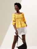 Pure Linen Checked Square Neck Shirred Top