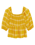 Pure Linen Checked Square Neck Shirred Top
