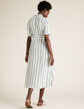 Linen Blend Striped Belted Midi Dress