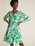 Linen Floral Tie Neck Mini Swing Dress