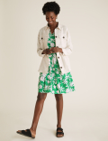 Linen Floral Tie Neck Mini Swing Dress