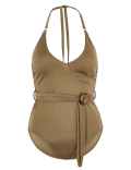 Belted Halter Neck Plunge Swimsuit
