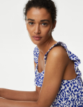 Linen Blend Printed Square Neck Midi Dress