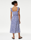 Linen Blend Printed Square Neck Midi Dress