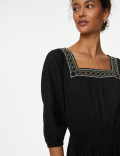 Linen Blend Embroidered Shirred Dress