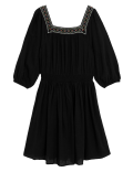 Linen Blend Embroidered Shirred Dress