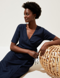 Linen Blend Short Sleeve Midi Wrap Dress
