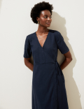 Linen Blend Short Sleeve Midi Wrap Dress