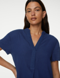 Linen Rich V-Neck Short Sleeve Shift Dress