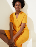 Linen Rich V-Neck Short Sleeve Shift Dress
