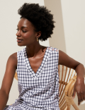 Linen Blend Checked V-Neck Midi Shift Dress